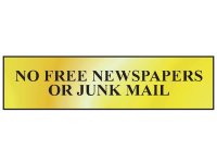 Scan Polished Brass Effect Sign 200 x 50mm - No Free Newspapers Or Junk Mail