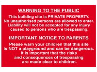 Scan PVC Sign 600 x 400mm - Building Site Warning to Public & Parents