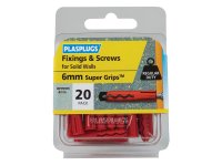 Plasplugs Solid Wall Super Grips Fixings Red & Screws (Pack of 20)