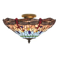 Searchlight Dragonfly S/Flush Ceiling, Antique Brass, Tiffany Glass