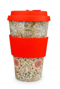 Ecoffee Cup 14oz William Morris Corncockle with Red Silicone