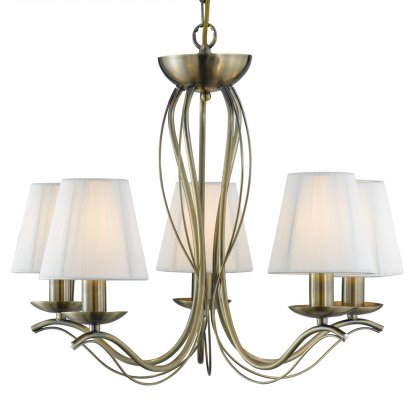 Searchlight Andretti 5 Light Ceiling, Antique Brass, Cream String Shades