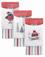 Embroidered Cotton Christmas Tea Towels - 2 Pack