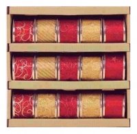 Premier Decorations 6cm x 2.7m Sheer Red Ribbon with Gold Glitter - 5 Assorted Designs