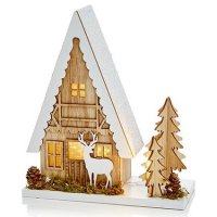 Premier Decorations Wooden Christmas House with Tree & Reindeer 22cm