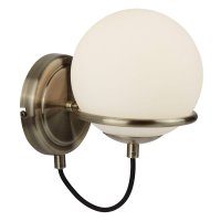 SEARCHLIGHT SPHERE 1LT WALL BRACKET,ANTIQUE BRASS,BLACK BRAIDED CABLE,OPAL WHITE GLASS SHADES