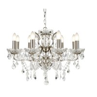 Searchlight Paris 8 Light Chandelier, Clear Crystal Drops & Trim, Satin Silver