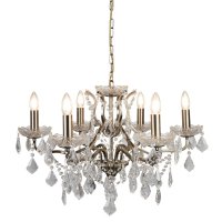 Searchlight Paris 6 Light Chandelier, Clear Crystal Drops & Trim, Antique Brass