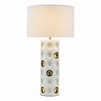 Dimple 1 Light Ceramic Table Lamp Gloss White Gold With Shade