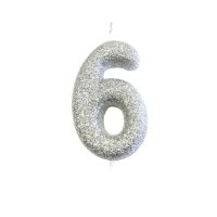 Anniversary House Age 6 Glitter Numeral Moulded Pick Candle - Silver