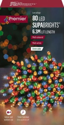 Premier Decorations 80 Multi-Action LED Supabrights Timer Lights - Multicoloured With Green Cable