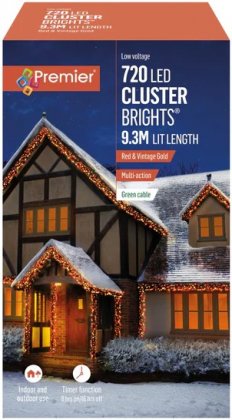Premier Decorations ClusterBrights Multi-Action 720 LED with Green Cable - Vintage Gold & Red