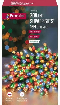 Premier Decorations 200 Multicoloured Multi-Action Supabrights LED Lights - Green Cable