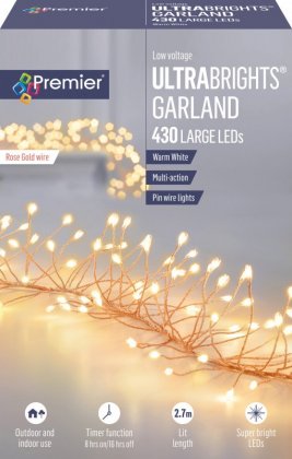 Premier Decorations UltraBrights Garland Multi-Action 430 LED on Rose Gold Wire - Warm White