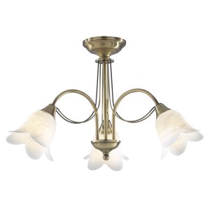 Dar Doublet 3 Lt Semi Flush Antique Brass with Alabaster Glass