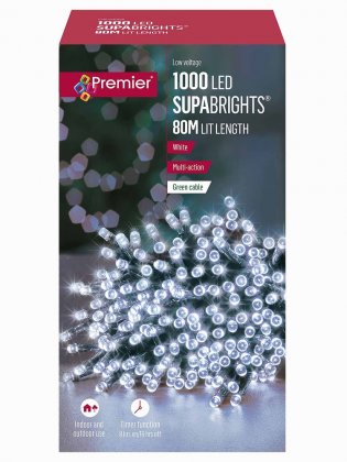 Premier Decorations 1000 Multi-Action LED Supabright Timer Lights - White with Green Cable