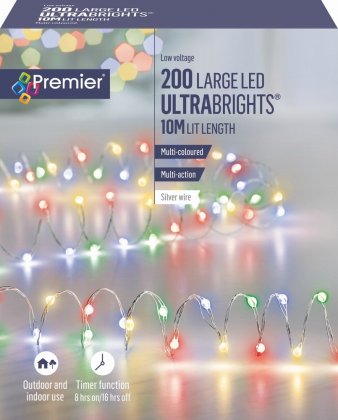 Premier Decorations UltraBrights Multi-Action 200 Large LED on Green Wire - Multicoloured