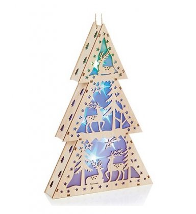 Premier Decorations Lit Wooden Tree with Reindeer Scene 30cm