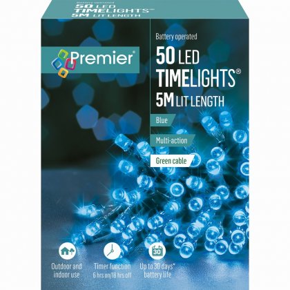 Premier Decorations Timelights Battery Operated Multi-Action 50 LED with Green Cable - Blue