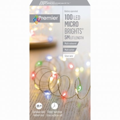 Premier Decorations MicroBrights Battery Operated Multi-Action Lights with Timer 100 LED on Silver Wire - Multicoloured