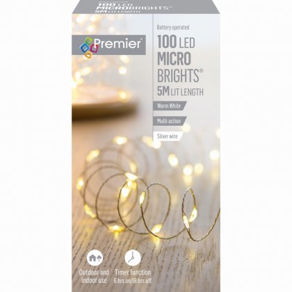 Premier Decorations MicroBrights Battery Operated Multi-Action Lights with Timer 100 LED - Warm White