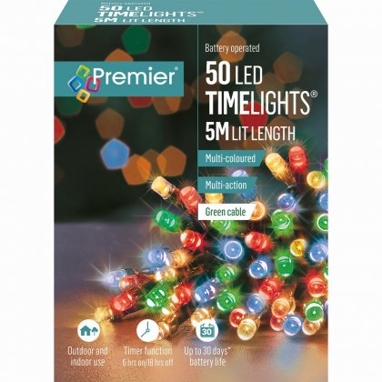 Premier Decorations Timelights Battery Operated Multi-Action 50 LED with Green Cable - Multicoloured