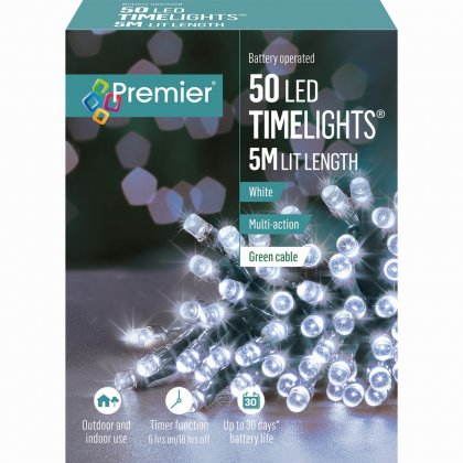 Premier Decorations Timelights Battery Operated Multi-Action 50 LED with Green Cable - White