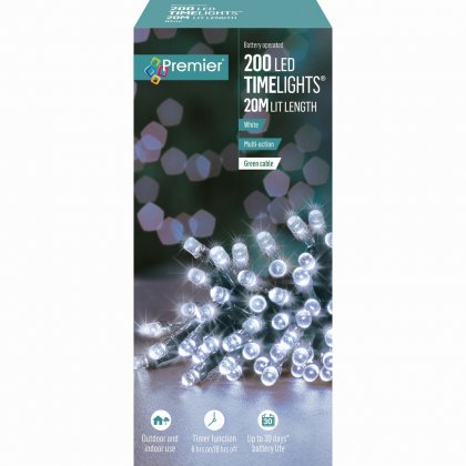 Premier Decorations Timelights Battery Operated Multi-Action 200 LED with Green Cable - White