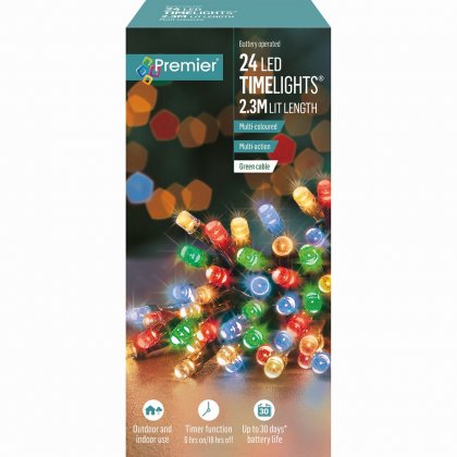 Premier Decorations Timelights Battery Operated Multi-Action 24 LED with Green Cable - Multicoloured