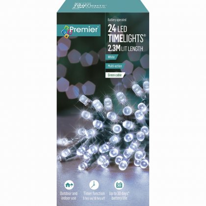 Premier Decorations Timelights Battery Operated Multi-Action 24 LED with Green Cable - White