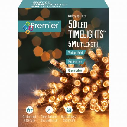 Premier Decorations Timelights Battery Operated Multi-Action 50 LED with Green Cable - Vintage Gold