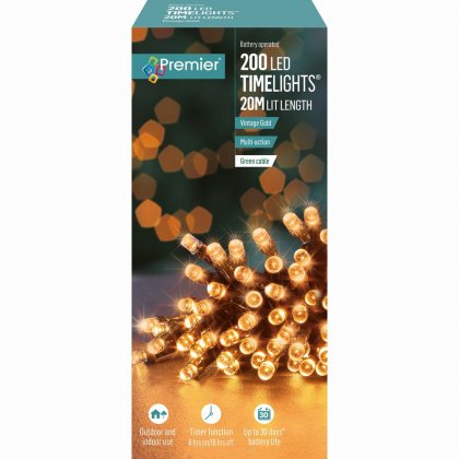 Premier Decorations Timelights Battery Operated Multi-Action 200 LED with Green Cable - Vintage Gold