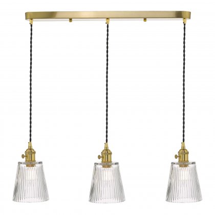 3 Light Brass Suspension With Ribbed Glass Shades
