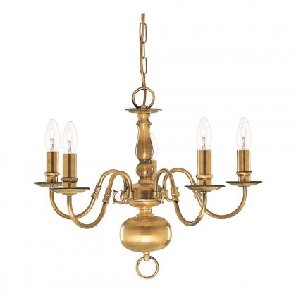 Searchlight Flemish 5 Light Pendant, Antique Brass