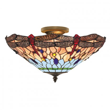 Searchlight Dragonfly S/Flush Ceiling, Antique Brass, Tiffany Glass