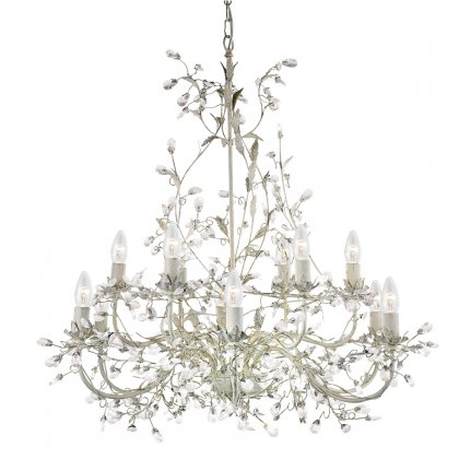 Searchlight Almandite 12 Light Chandelier Cream & Gold Metal with Glass Drops