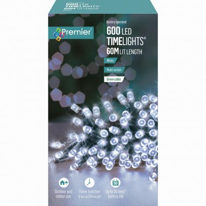 Premier Decorations Timelights Battery Operated Multi-Action 600 LED with Green Cable - White