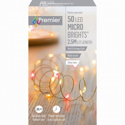 Premier Decorations MicroBrights Battery Operated Multi-Action Lights with Timer 50 LED on Silver Wire - Red/Vintage Gold