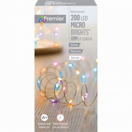 Premier Decorations MicroBrights Battery Operated Multi-Action Lights with Timer 200 LED on Silver Wire - Rainbow