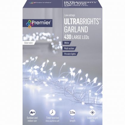 Premier Decorations UltraBrights Garland Multi-Action 430 LED on Silver Wire - White