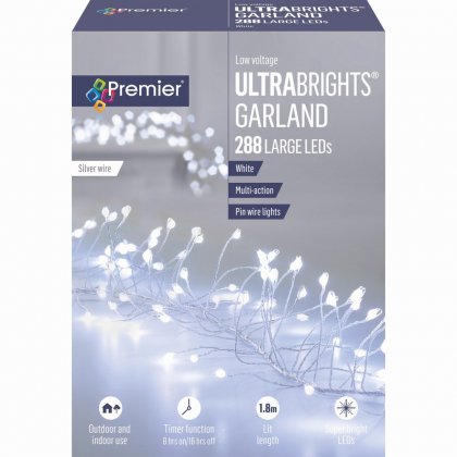 Premier Decorations UltraBrights Garland Multi-Action 288 LED on Silver Wire - White