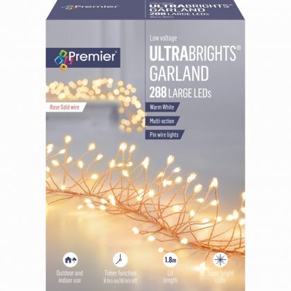 Premier Decorations UltraBrights Garland Multi-Action 288 LED on Rose Gold Wire - Warm White