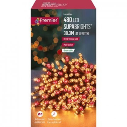 Premier Decorations SupaBrights Multi-Action 480 LED with Green Cable - Vintage Gold & Red