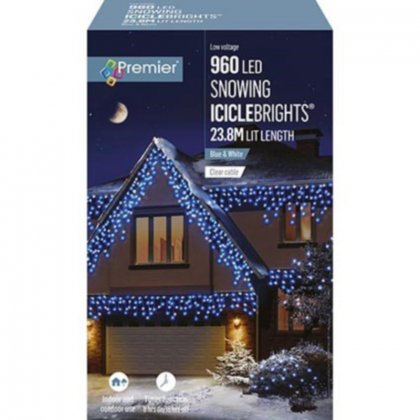 Premier Decorations Snowing IcicleBrights 960 LED with Clear Cable - Blue/White