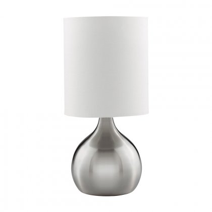 Searchlight Touch Table Lamp Satin Silver Base White Drum Shade
