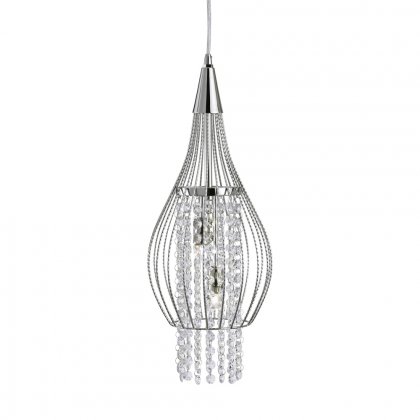 Searchlight Rocket-2 Light Cage Frame Pendant Chrome with Clear Crystal Buttons Drops Deco