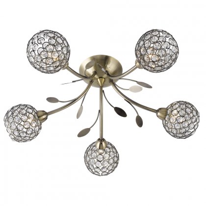 Searchlight Bellis Ii-5 Light Ceiling Semi-Flush Antique Brass & Clear Glass Deco Shade