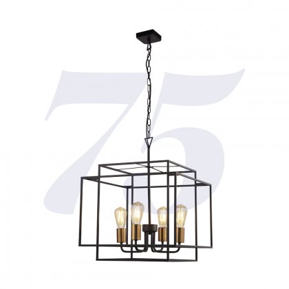 Searchlight Crate 4 Light Black Frame Pendant With Bronze Lampholders