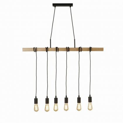 Searchlight Woody 6 Light Bar Ceiling Pendant Wood & Black Metal