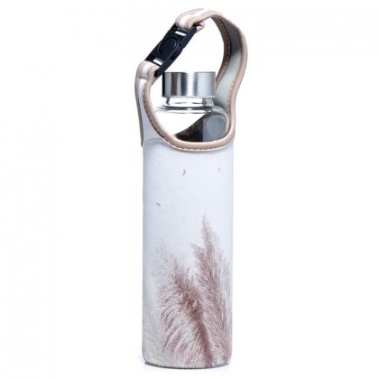 Puckator Reusable Glass Water Bottle with Protective Neoprene Sleeve with Strap - Pampas Grass